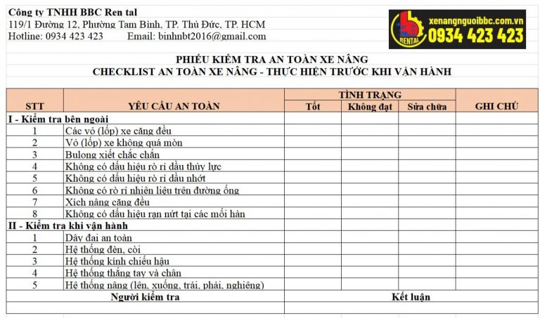 Biểu mẫu checklist kiểm tra xe nâng mới nhất 2025 - BBC RENTAL