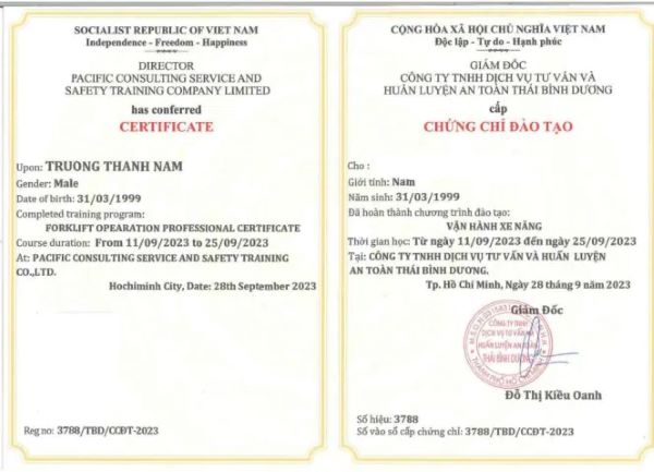 Mẫu chứng chỉ lái xe nâng